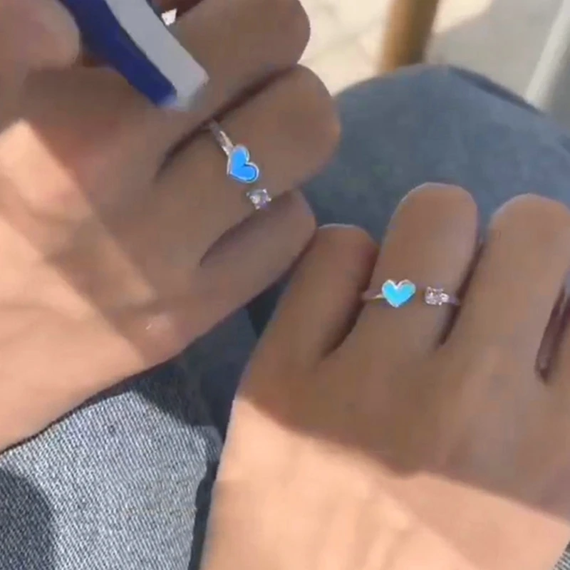 

Trend Blue Love Heart Luminous Couple Rings for Women Men Retro Glow In Dark Silver Color Adjustable Finger Rings Couples Gifts