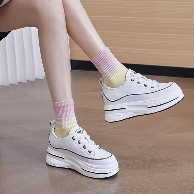 2023 7cm Genuine Leather High Brand Autumn Spring Chunky Sneakers Females Casual Ladies Vulcanize Women Platform Designer Shoes