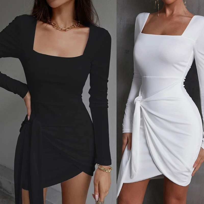 

Женские элегантные однотонные мини-платья с открытой спиной и длинным рукавом с квадратным вырезом