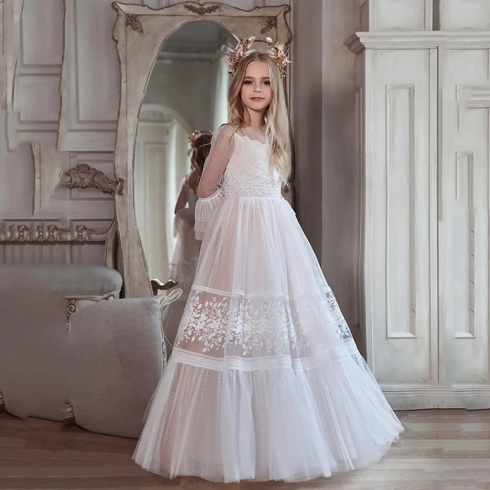 

Платье ТРАПЕЦИЕВИДНОЕ для девочек, Тюлевое вечернее платье до пола с круглым вырезом и аппликацией, с рукавом три четверти, для первого прич...