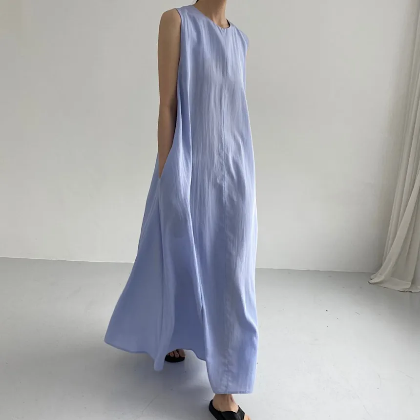 

2022 Summer Hot High Fashon Women Dress Korean Chic Solid Minimalist Versatile Loose Sleeveless Vest Maxi Long Dress with Pocket