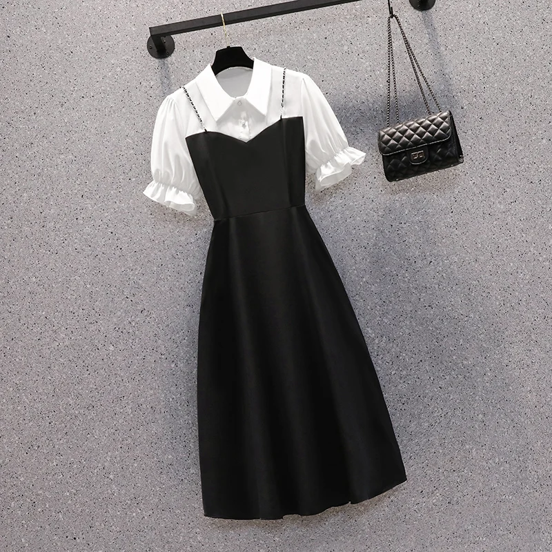 

Plus Size Women Summer Patchwork Dresses Office Ladies Elegant V Neck Short Sleeve High Waist Irregular Long Dress Workwear Robe
