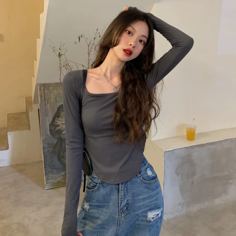 

Women Pullover Korean All-match Sexy Slim Bottoming Long Sleeve Ladies T-shirts Basic Solid Color Tops Spring Autumn T Shirts