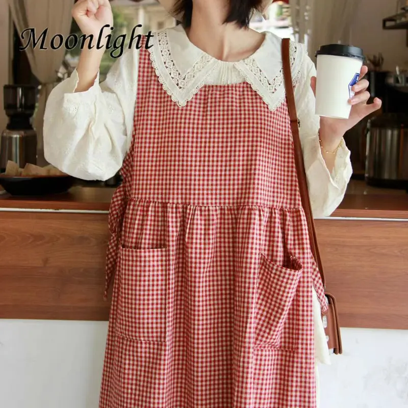

Vintage Plaid Cotton Linen Sleeveless Dress Women Japanese Kawaii Lace-up Mori Girls Loose Dresses Korean Preppy Long Vestidos