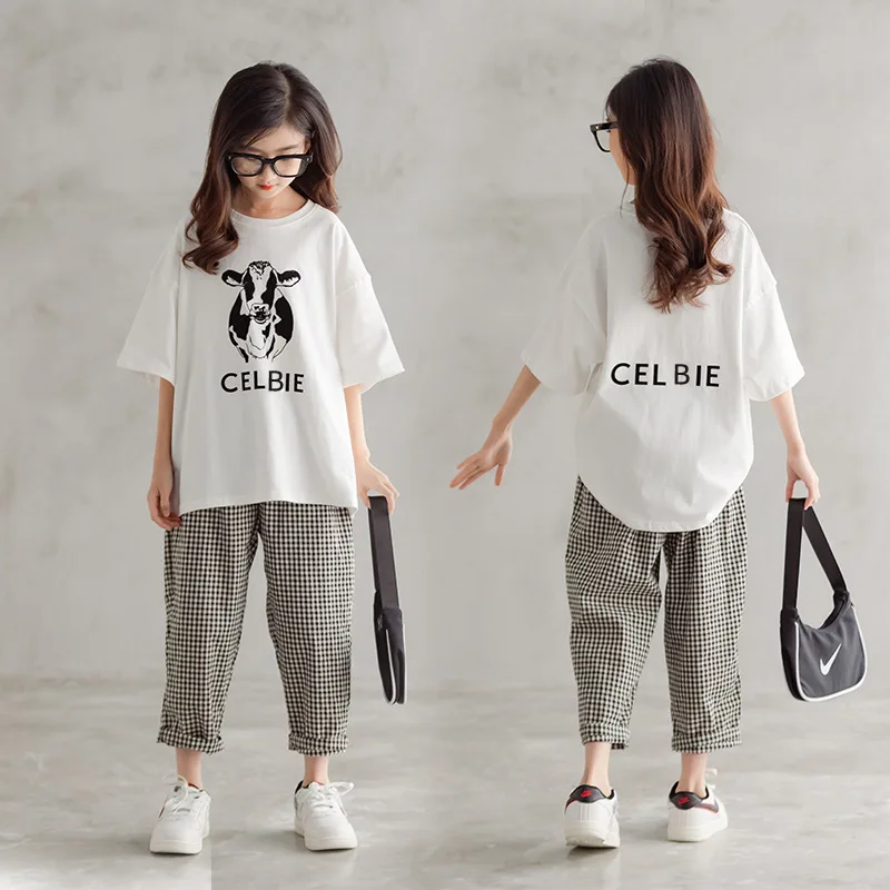 

Korean Youth Suit Cartoon T-shirt Cropped Pants 2 Piece Set Clothing Summer Casual Girls Cotton Sets Kids 7-12y