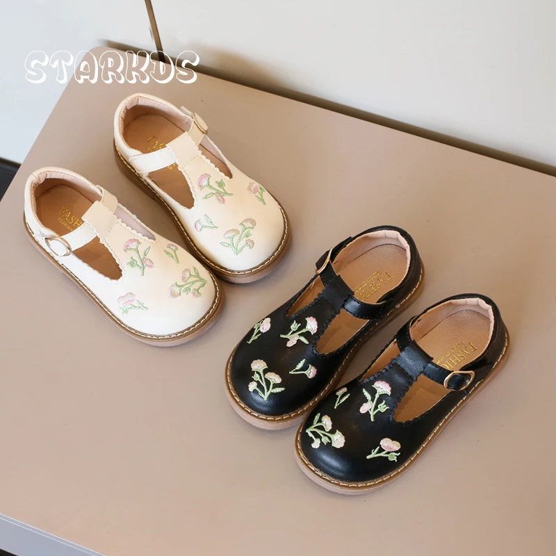 

Floral Embroidery T-Strap Mary Jane Shoes Girls Spring Leatherette Loafers Baby Child Retro Ballet Flats With Lace Trimmings