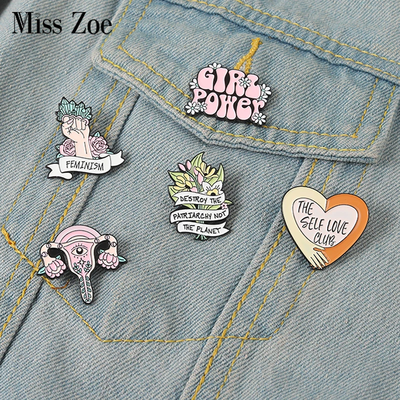 

Girl Power Enamel Pins Custom Self Love Club Uterus Brooches Lapel Badges Feminism Fist Jewelry Gift for Women Friends