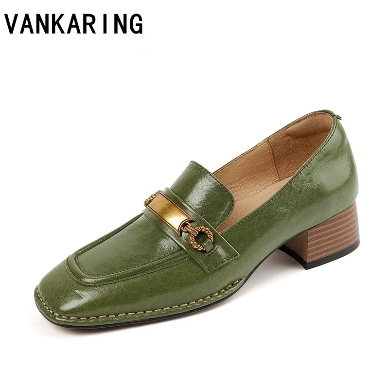 

new design women single shoes green slip on soft cow leather high heel pumps round toe lady chains party shoes fashion pumps