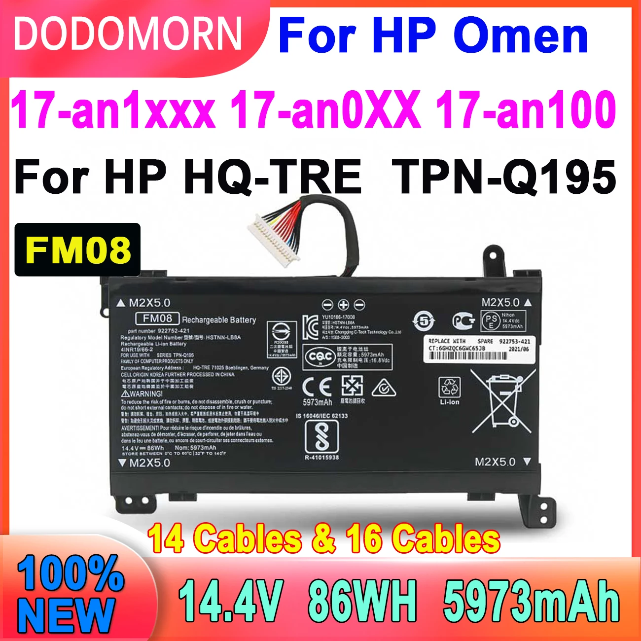 Аккумулятор для ноутбука HP OMEN 17-an013TX 17-an014TX, 14/16-8922753, 421 в/14,4 В