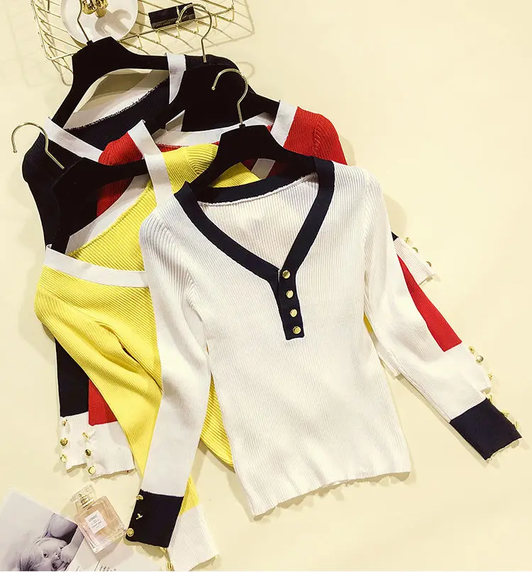 Модное вязаное пальто пуловер на пуговицах женский свитер с низким V-образным