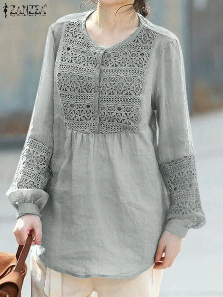 

ZANZEA элегантная кружевная вязанная блузка в стиле пэчворк, осенняя Женская стильная офисная блуза, Blusas Femininas, праздничные Топы с длинным рука...