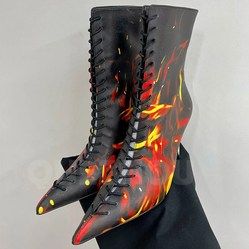 

Женские демисезонные ботильоны из натуральной кожи с принтом, дизайнерские короткие ботинки на тонком каблуке с перекрестной шнуровкой, индивидуальная женская обувь