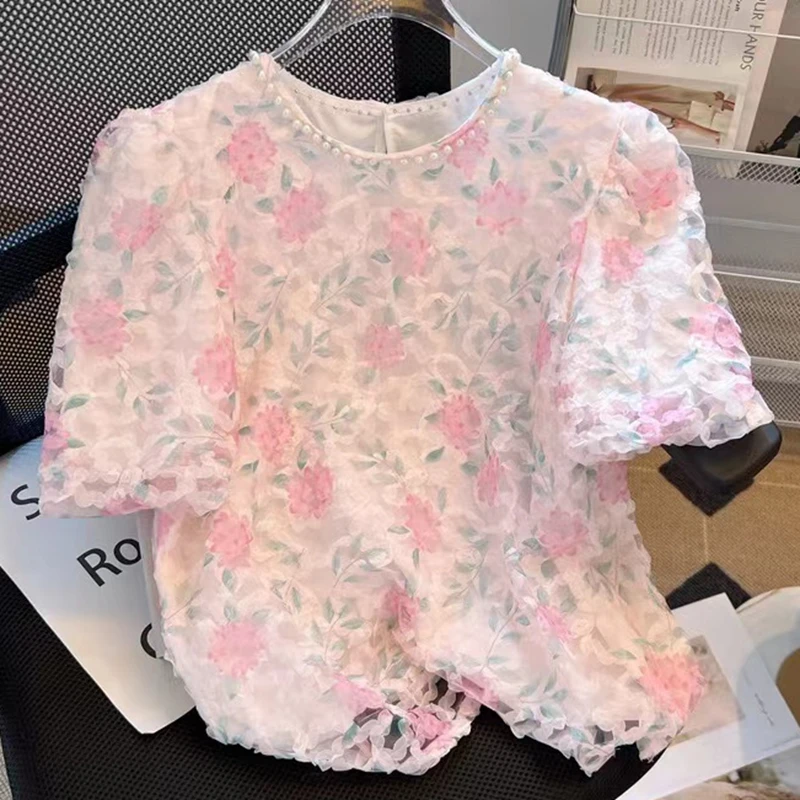 

2023 Summer Pearls Beading Flower Organza Shirts Blouses Women Fashion Casual Loose Puff Short Sleeve O-Neck Pink Ladies Top