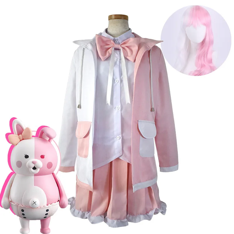 

Anime Danganronpa 2 Monomi Cosplay Costume JK School Uniform Jacket Suit Wig Pink Bear Toy Halloween Carnival Party Costumes