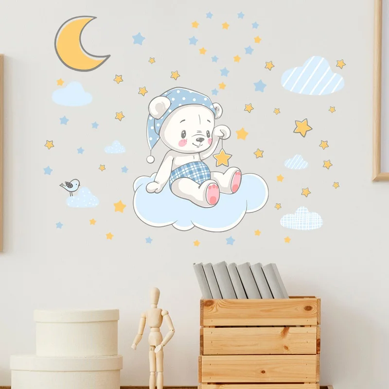 

Luminous Bear Sitting on The Cloud Wall Stickers Fluorescent Stars Shine Glow In The Dark Decals Kids Bedroom Wall Home Decor