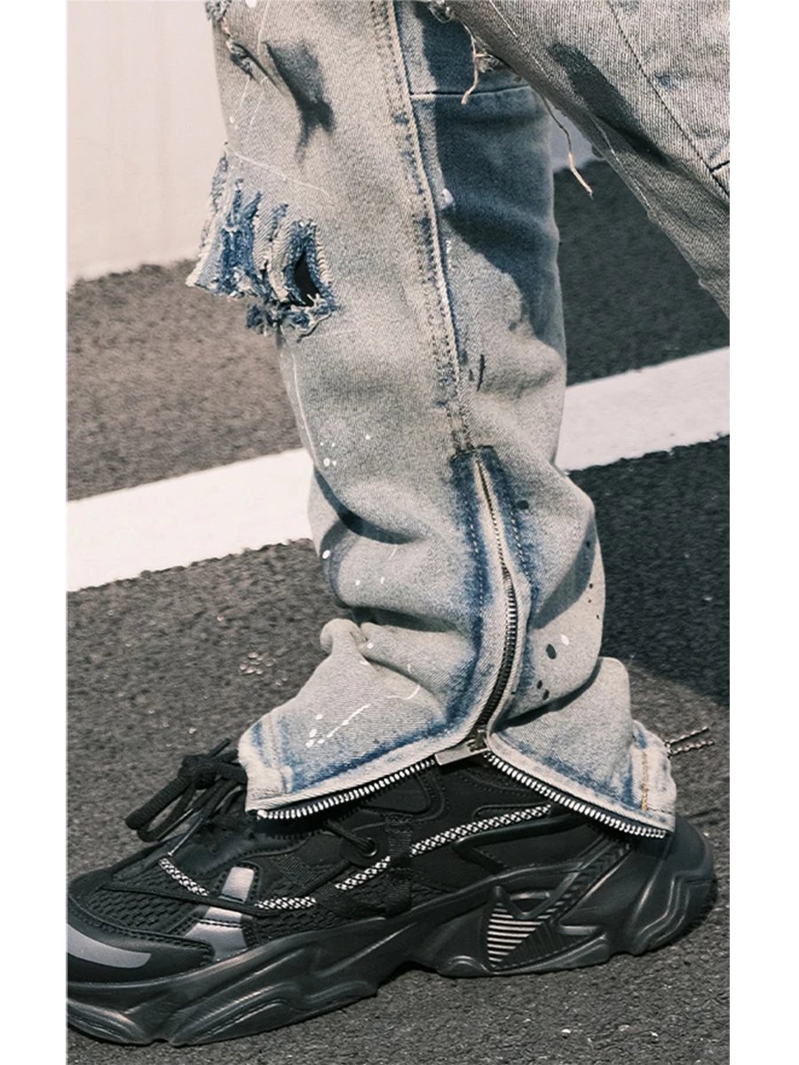 Four Seasons High Street Splashing Ink Hole Jeans Graffiti Style Men's Straight Trousers Y2k Men's Jeans Streetwear Ins Hot Sale