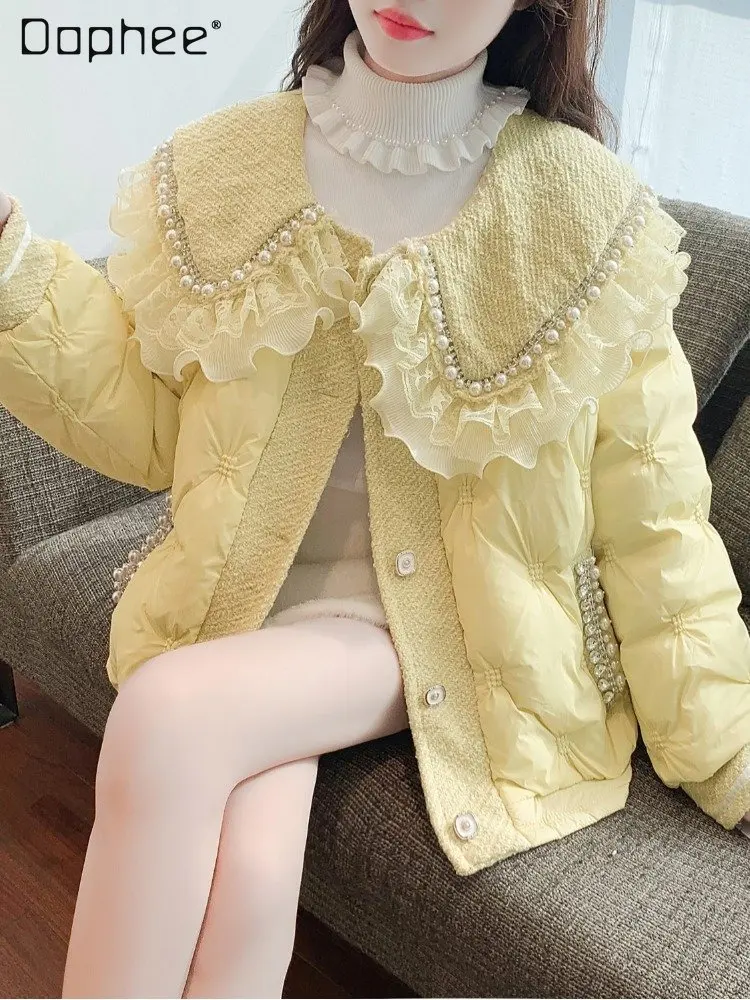 

Женский новый пуховик Осень-Зима Дизайн чувственный нишевой строчка милый кукольный воротник хлопковое пальто Женская хлопковая куртка