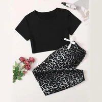 womens summer sets pajamas fashion homewear shorts sleeve solid short top leopard print lace up shrink trousers women pajama