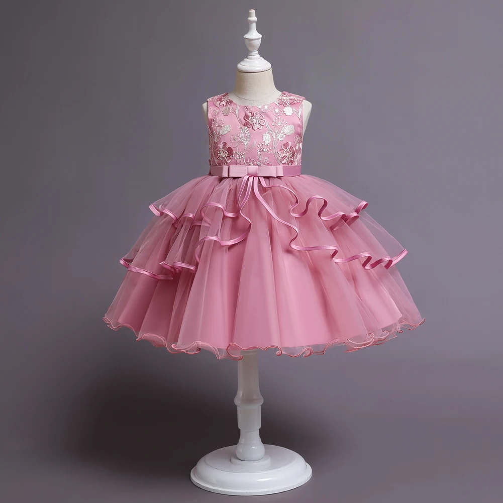 

1-7Y Toddler Girl Flower Princess Dress Birthday Tulle Dress Bow Wedding Kids Party Wear Princess Pink Dress Baby Girl Clothes