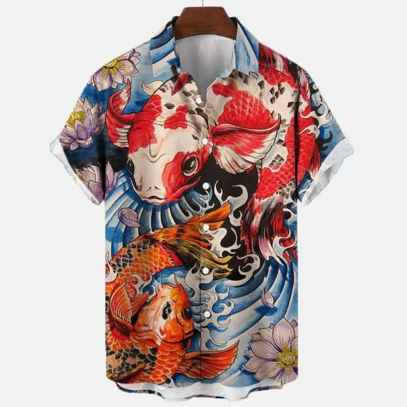 

Men's Floral Casual Social Summer Hawaiian 3d Printed Short Sleeve Shirt Street Koi Carp Luxury Blouse Outdoor Men Clothing Tops