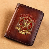 high quality genuine leather wallet fire dept volunteer badge printing card holder male short purses bk508