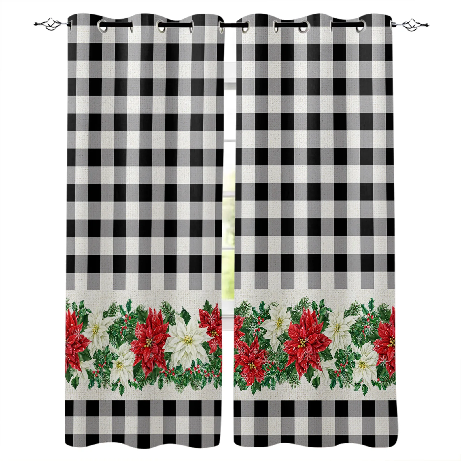 

Christmas Poinsettia Berries Window Curtains for Living Room Kitchen Curtain Bedroom Decorative Window Treatments