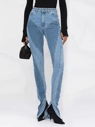 Design PatchworkWomen's Pants Autumn Fashion Women's Jeans Slim Fit Deconstructed Patchwork High Waist Split Blue Long Jeans