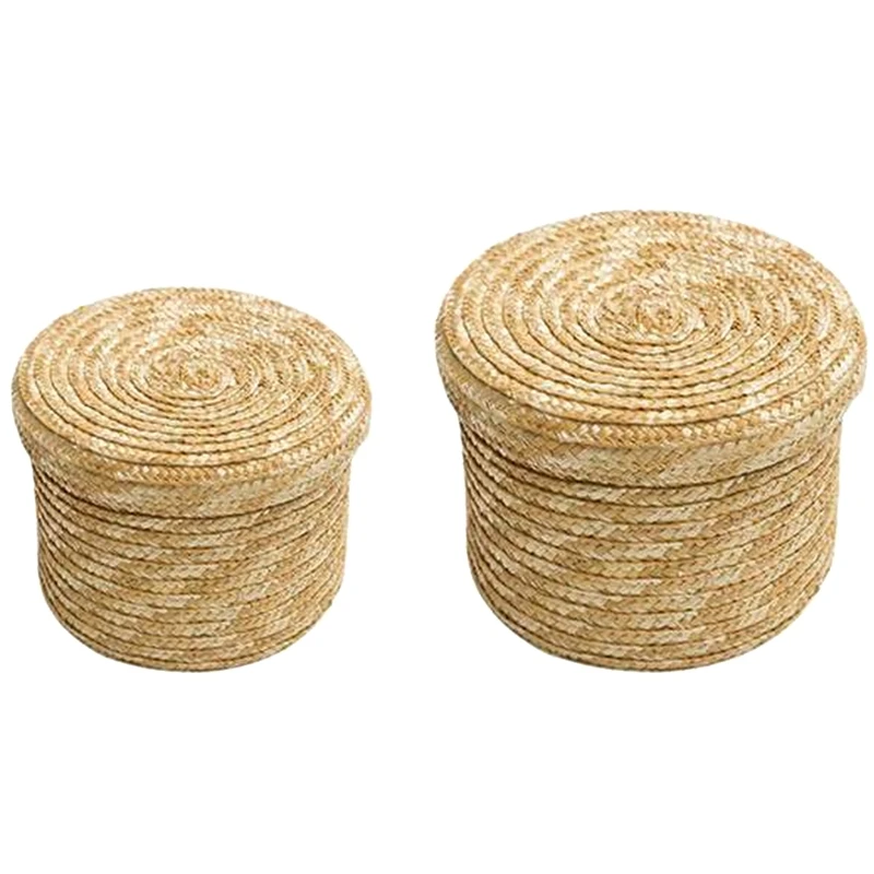 

2Pcs Handmade Straw Woven Storage Basket With Lid Snack Organizer Storage Box Rattan Storage Flower Basket