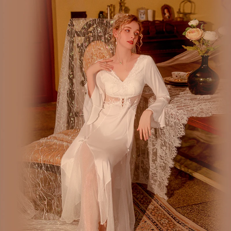 Elegant Sleep Dress Mesh Chest Pad Embroidered Lace Pajamas Women's Sleepwear Stain Nightgown Femme Lingerie Sexy Night Gown