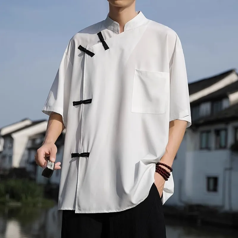 

Men's Irregular New Chinese Round Button Short-sleeved Shirt Summer Fashion Men's Fashion Casual Shirt High Collar Top T-shirt