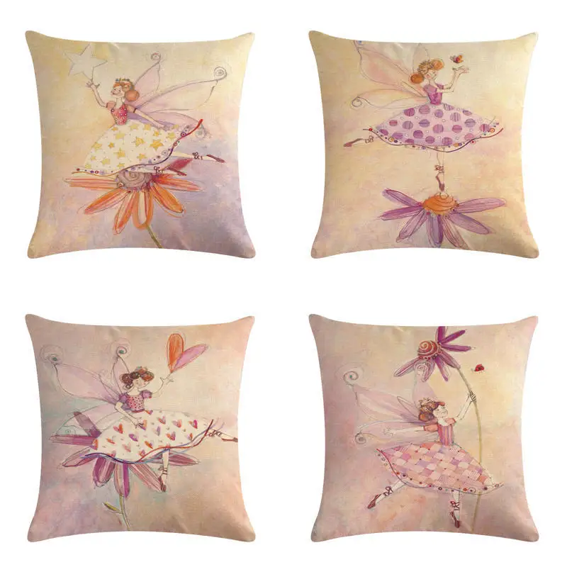 Flower Fairy Cushion Cover Home Decor Linen Cotton Pillow Cover 45x45cm