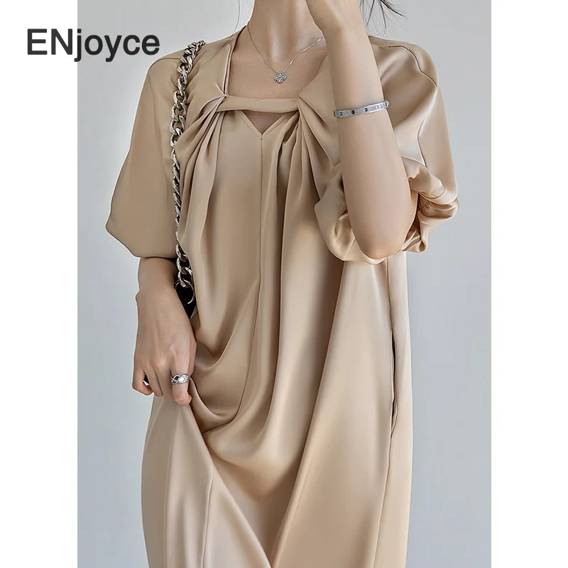 Summer Vintage Elegant Silky Loose Feeling Short Bubble Sleeve Dress Women Long Dresses Ladies Gentle Casual Slim Clothes