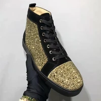 luxury designer mens sneakers high top real leather gold crystal chaussure homme casual shoes flats red bottom shoes loafers