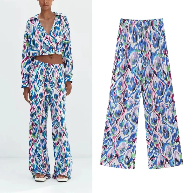 

Брюки TRAF женские с широкими штанинами, удобные эластичные штаны с завышенной талией и регулируемым шнурком, с принтом, на лето