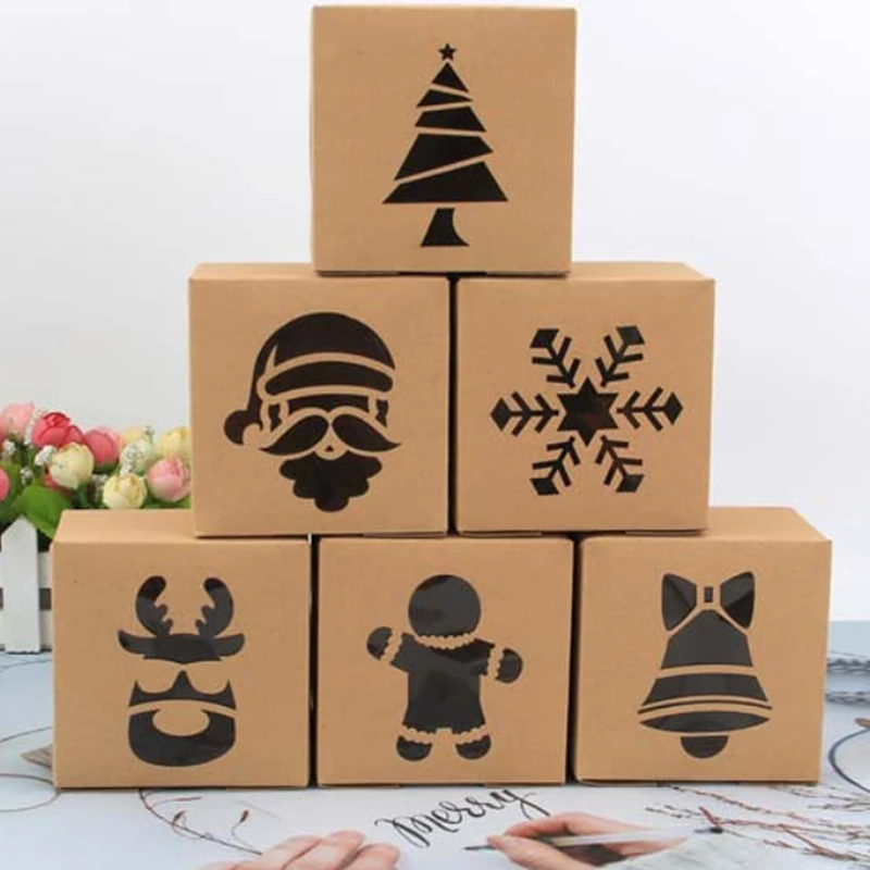 

10pcs Christmas Kraft Paper Cookie Gift Boxes Candy Box Bags Food Packaging Box Christmas Party Kids Gift New Year Navidad 2023