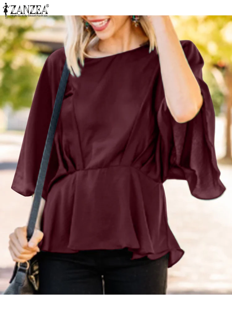 

Women Summer 3/4 Sleeve Satin Blouse Fashion O Neck Solid Plunge Tops ZANZEA Elegant Office Lady Blusas Casual Loose Work Shirt