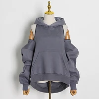 autumn and winter womens casual solid color sweater hooded collar long sleeved hollow strapless sexy zipper women fashion