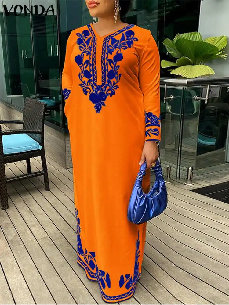 

2022 Модный женский сарафан VONDA большого размера с V-образным вырезом, платья с длинным рукавом, уличные платья макси, женское Свободное длинно...