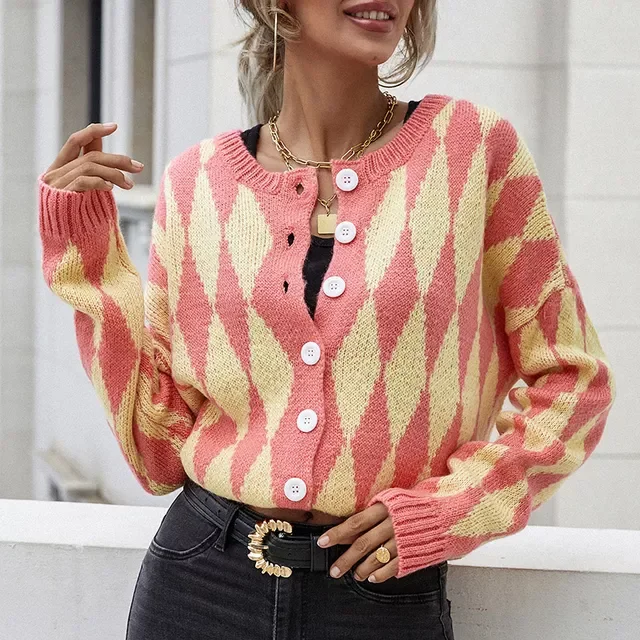 

Free Delivery Women's Argyle Plaid Cardigan Knitted Large Size Winter Warm Female Cardigan Purple Oversized Short Cardigan Coat
