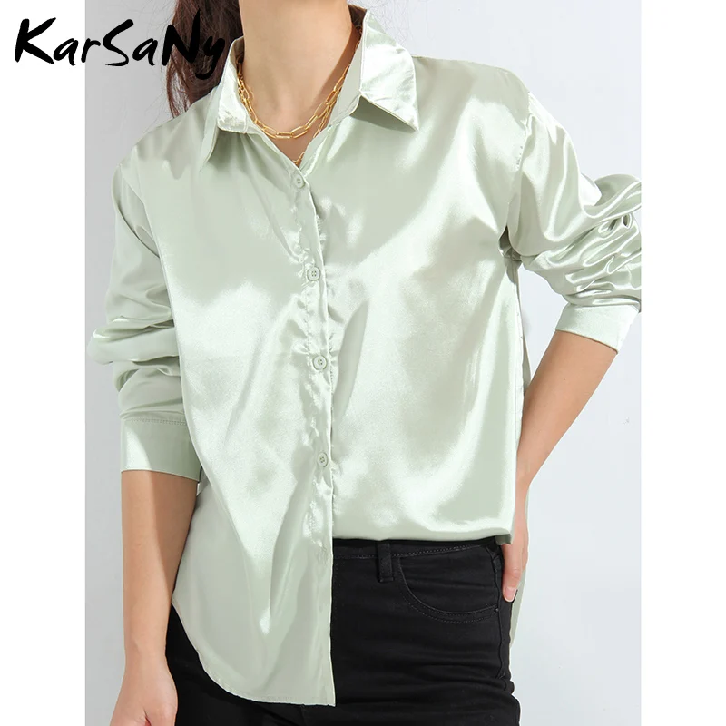 

Green Oversized Shirts For Women 2022 Office Wear White Satin Blouses With Buttons Women Shirts Satin Women's Elegant Blouses