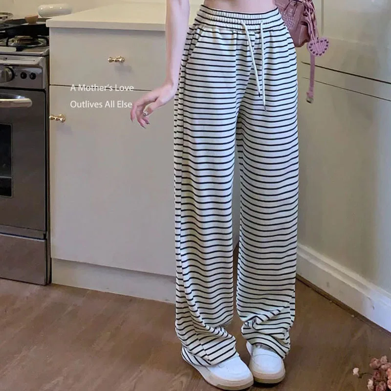 

Полосатые трикотажные длинные брюки, женские Мешковатые широкие брюки с эластичным поясом, корейские прямые шикарные Свободные повседневные винтажные брюки с Кулиской