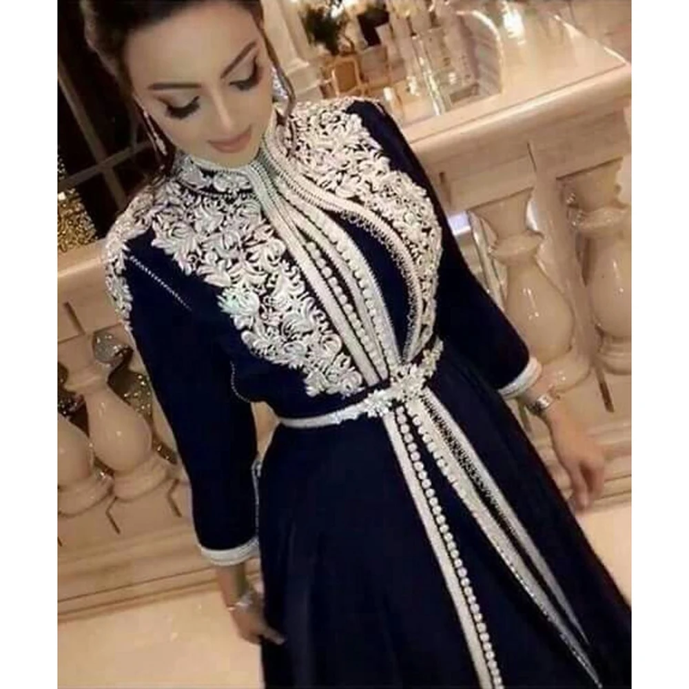 Ночно-синее марокканское кафтанное вечернее платье для женщин с кружевными аппликациями в стиле кафтана на выпускной, длинными рукавами до пола модель 2023.