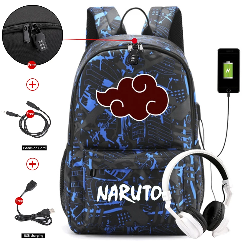 

Blue Anime Naruto Backpack School Backpacks Teenagers Back To School Akatsuki Itachi Sharingan Cosplay Boys Girl Usb Laptop Bags