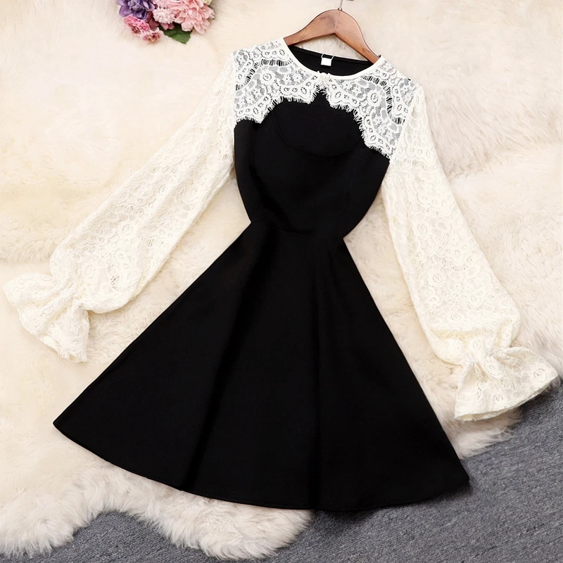 

Simple Lace Color Patchwork Lantern Sleeve Long Sleeve Slim Dress