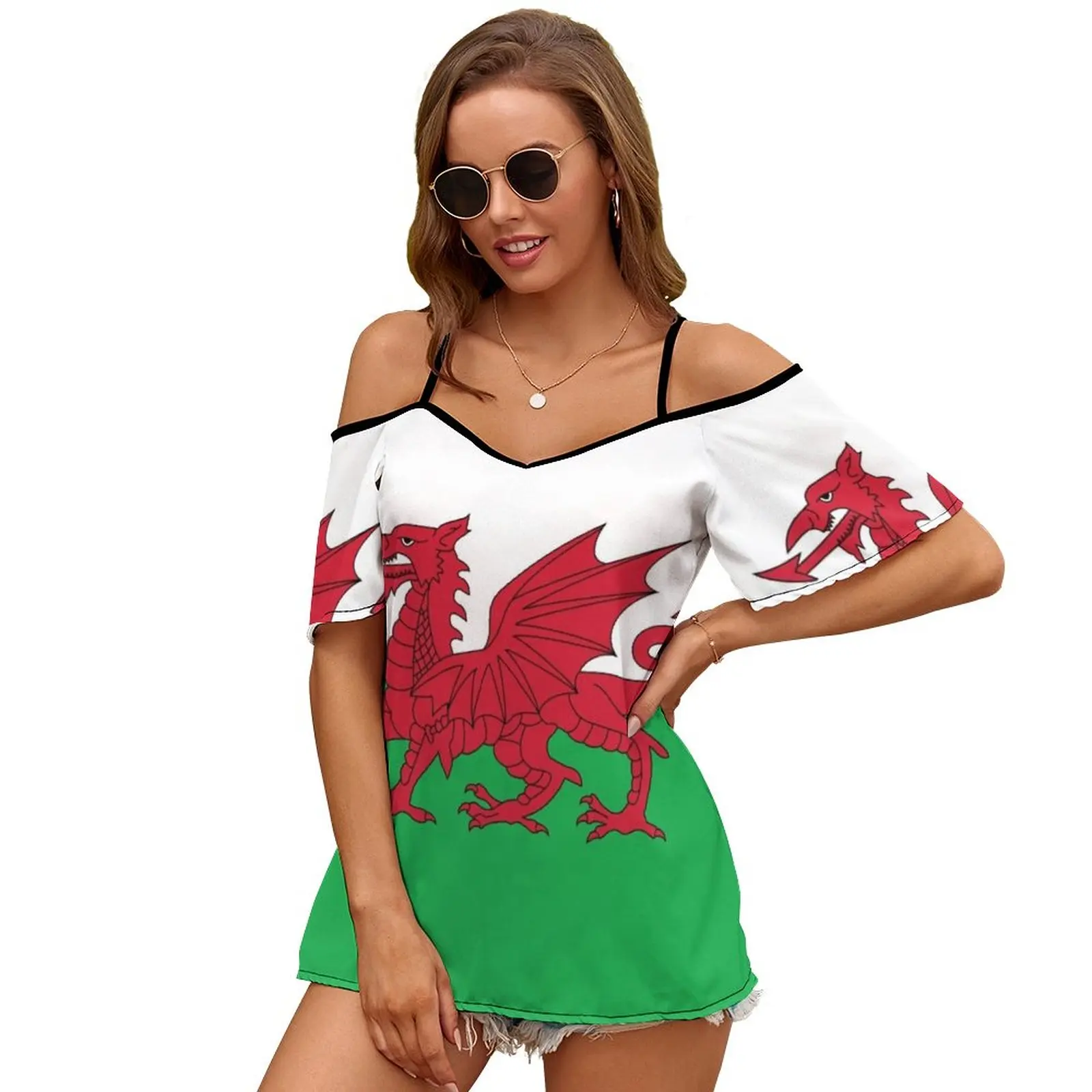 Wales Flag Print O-Neck Off-The-Shoulder Top Short-Sleeved T-Shirt Ladies Streetwear Wales Cymru Welsh Cardiff Gareth Bale Ryan