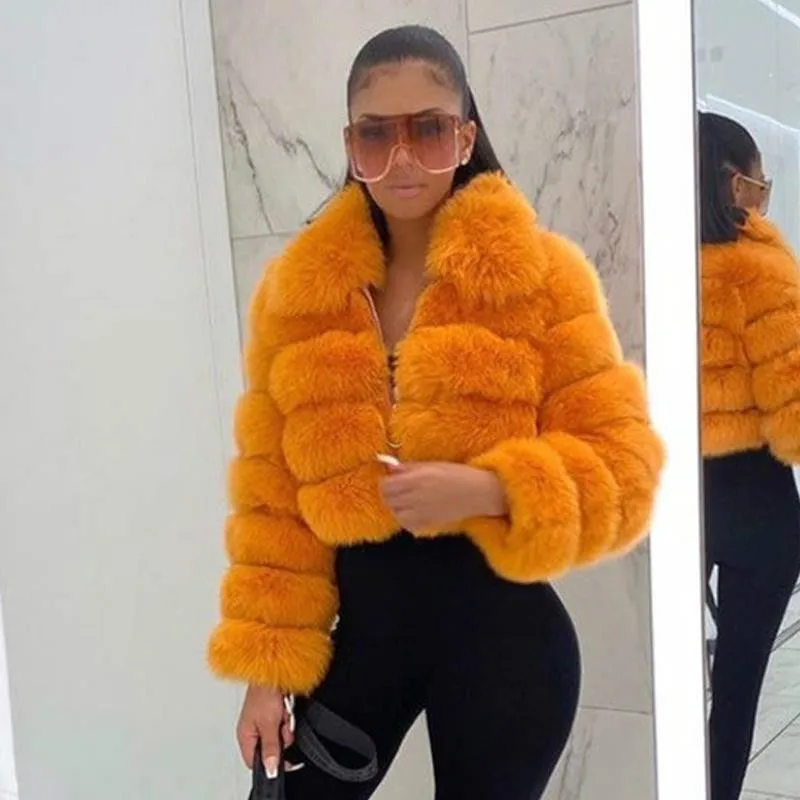 Women Fluffy Fur Collar Winter High Quality Luxury Faux Fox Fur Jacket Thick Warm Short Fur Coat Zipper Oversize Outwear Party
