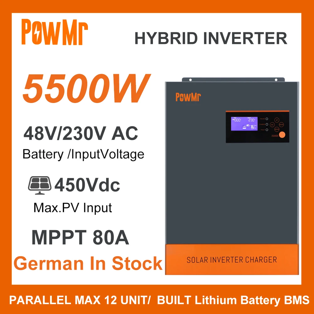 

5.5KW MPPT 80A Pure Sine Wave Inverter DC 48V 220Vac Max PV 450Vdc for Solar Panels and Parallel Can Achieve Three-Phase Output