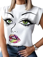 chsdcsi 2022 summer fashion women elegant red lips print tops ladies office casual tees stand neck pullovers eye blusa hot sale