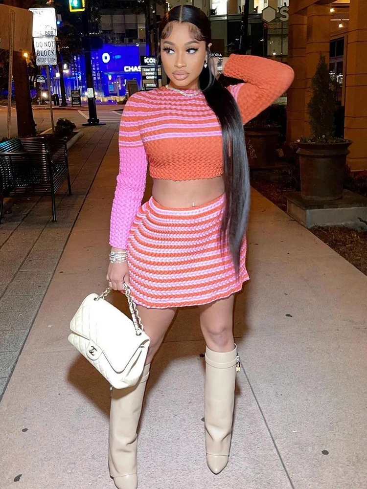 

Fashion Striped Printed 2 Piece Set Long Sleeve Knitted Sweater Crop Top High Waist Mini Skirt Matching Suit Clubwear Dress Sets