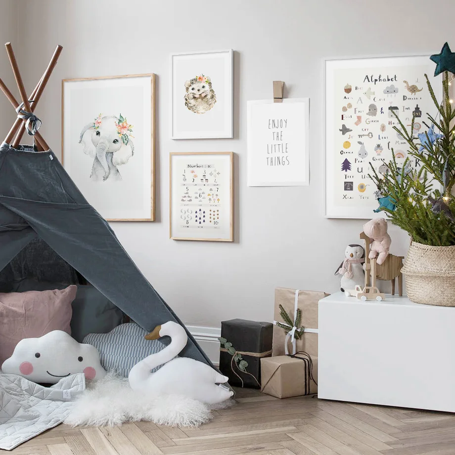 

Мультяшный Кролик Слон Дерево дом Алфавит цифры настенный художественный Принт Холст Картина скандинавский постер декор картины для гостиной